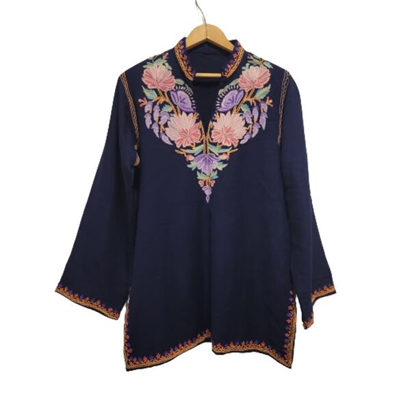 Embroidered Top Medium Art to Wear Hand Embroidered Folk Art High Collar - Picture 1 of 13